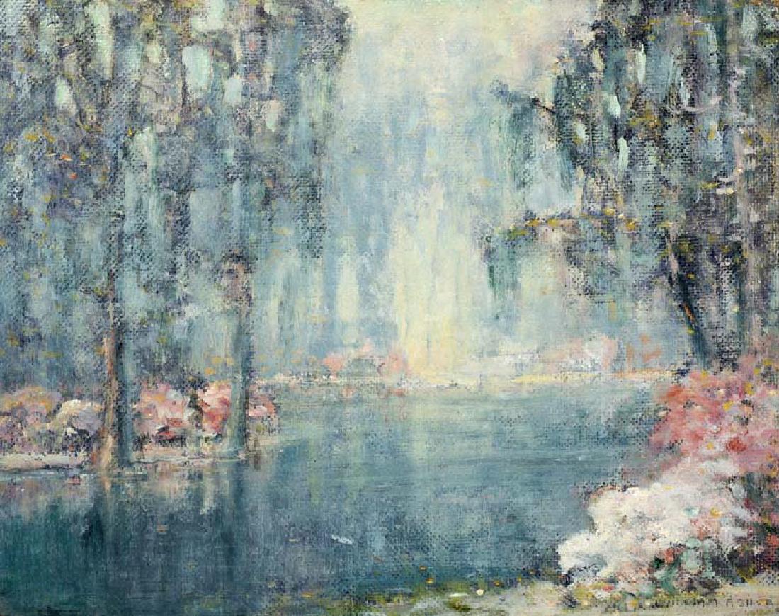 William Posey Silva (Am. 1859-1948), Morning Fog Coming: Morning Fog Coming In, On the Ashley River, Charleston, SC, oil on board, 12 x 15, signed lower right: William P Silva