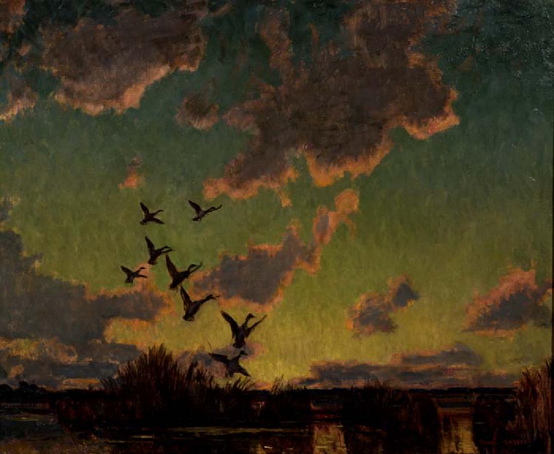 Reveau Bassett (Am. 1897-1981), Ducks in Flight, oil on (1 of 1)