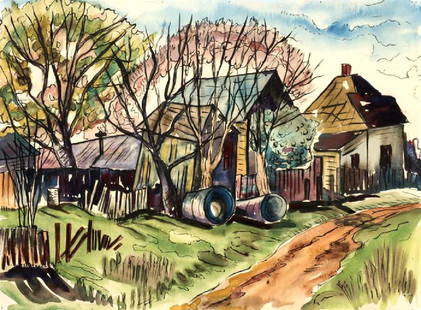 Veronica Helfensteller (Am. 1910-1964), Shanties, 1942,: watercolor on paper, 9 x 12