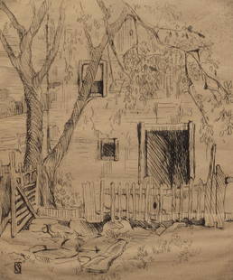 Sallie Gillespie (Am. 1898-1991), Cottage Gate, etching: Sallie Gillespie (Am. 1898-1991), Cottage Gate, etching, 4 3/4 x 4 7/8,