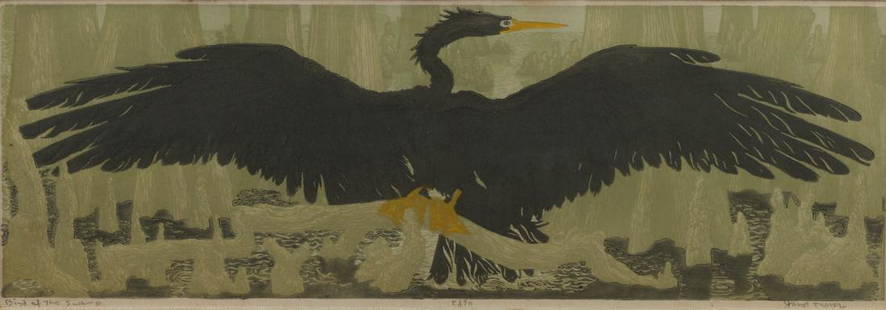 Janet Turner (Am. 1914-1988), Bird of the Swamp, Ed.: Janet Turner (Am. 1914-1988), Bird of the Swamp, Ed. 50, linoleum cut, 6 1/2 x 19 1/2, signed across bottom: Bird of the Swamp, Ed. 50, Janet Turner; Exhibited: Purchase prize: Sixth Southwestern