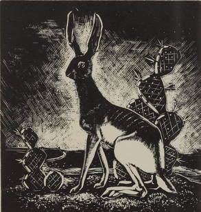 Otis Dozier (Am. 1904-1987), Jackrabbit, woodblock: Otis Dozier (Am. 1904-1987), Jackrabbit, woodblock , 3 3/4 x 3 3/4, Estate stamped lower right