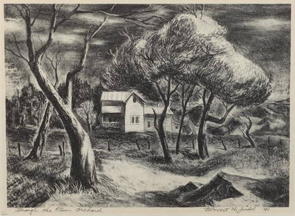 Deforrest Judd (Am. 1916-1993), Through the Plum: Deforrest Judd (Am. 1916-1993), Through the Plum Orchard, 1941, lithograph, 7 3/4 x 10 1/2, signed across bottom: Through the Plum Orchard, DeForrest Judd '41