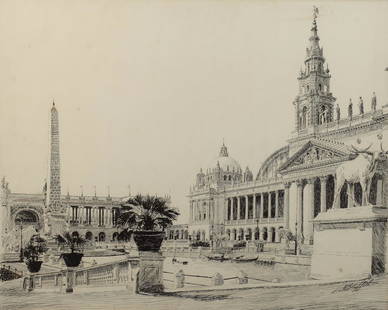 Louis Oscar Griffith (Am. 1857-1956), The Palace of: Louis Oscar Griffith (Am. 1857-1956), The Palace of Mechanical Arts, 1893, Columbian Exposition, Chicago, ink on paper, 16 x 19 1/2, signed lower right: LO Griffith