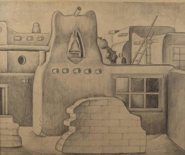 Lura Ann Taylor (Am. 1906-1990), Adobes, pencil on: Lura Ann Taylor (Am. 1906-1990), Adobes, pencil on paper, 18 x 21, signed on cardboard on back