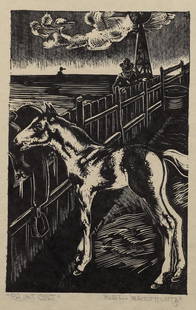 Russell Vernon Hunter (Am. 1900-1955), Paint Colt,: Russell Vernon Hunter (Am. 1900-1955), Paint Colt, woodcut, 6 3/4 x 4 1/4, signed lower right: Russell Vernon Hunter; Provenance: Estate of Virginia Hunter