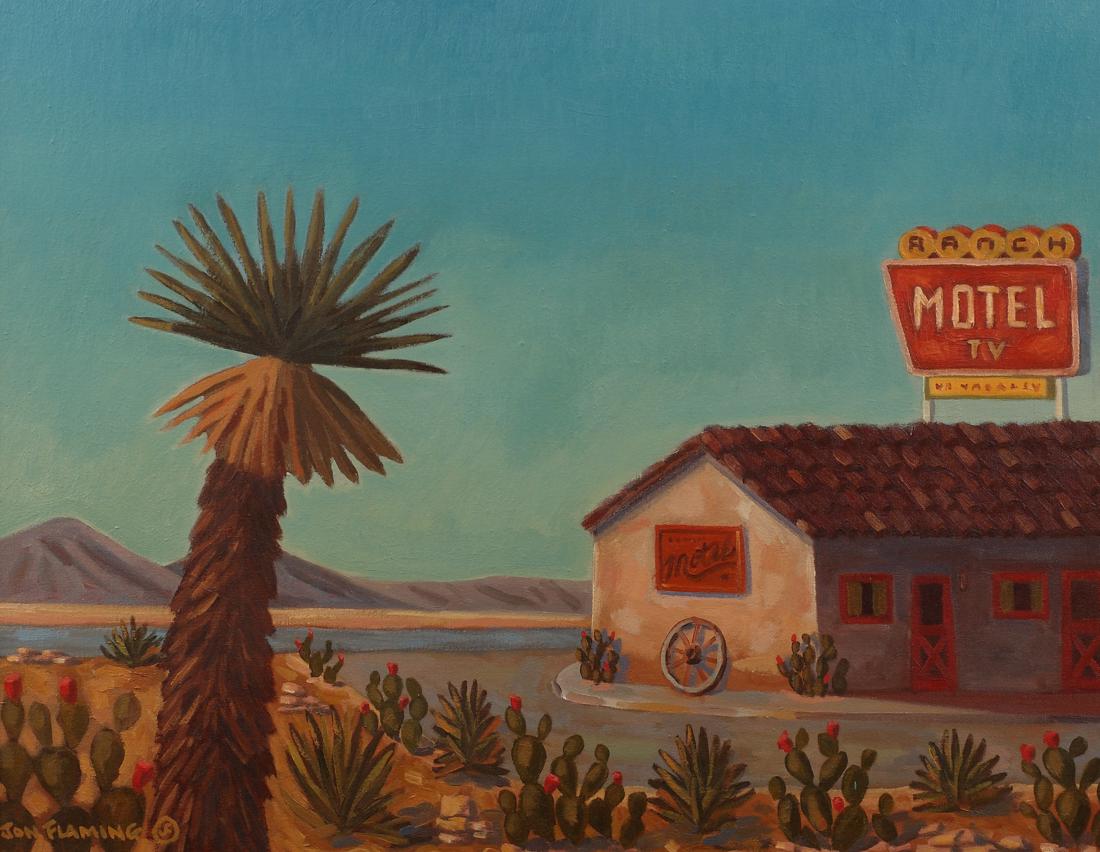 Jon Flaming (Am. 1962-), Ranch Hotel, West Texas, 2008,: Jon Flaming (Am. 1962-), Ranch Hotel, West Texas, 2008, oil on canvas, 22 x 28, singed lower left: Jon Flaming Â©