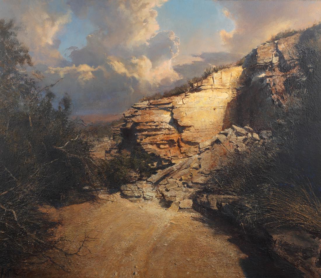 Bob Stuth-Wade (Am. 1953-), Rock Fall, Nine Point Mesa: Bob Stuth-Wade (Am. 1953-), Rock Fall, Nine Point Mesa Ranch, 2010, acrylic on canvas wrapped on panel, 42 x 48, signed lower right: Bob Stuth Wade; Exhibited: in the show San Angelo Museum of Fine Ar