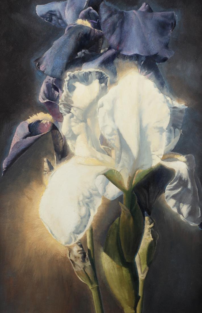 Bob Stuth-Wade (Am. 1953-), White Iris in Light, oil on: Bob Stuth-Wade (Am. 1953-), White Iris in Light, oil on board, 24 x 16, signed lower left: Bob Stuth Wade