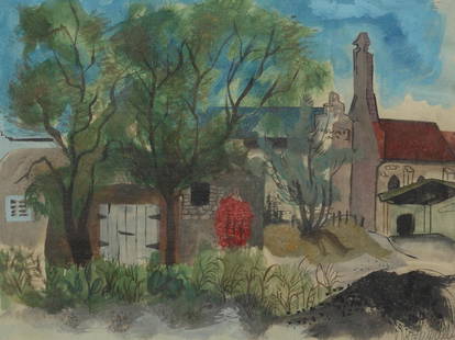 Veronica Helfensteller (Am. 1910-1964), Village Scene,: Veronica Helfensteller (Am. 1910-1964), Village Scene, gouache on paper, 7 1/2 x 10, signed lower right: V Helfensteller