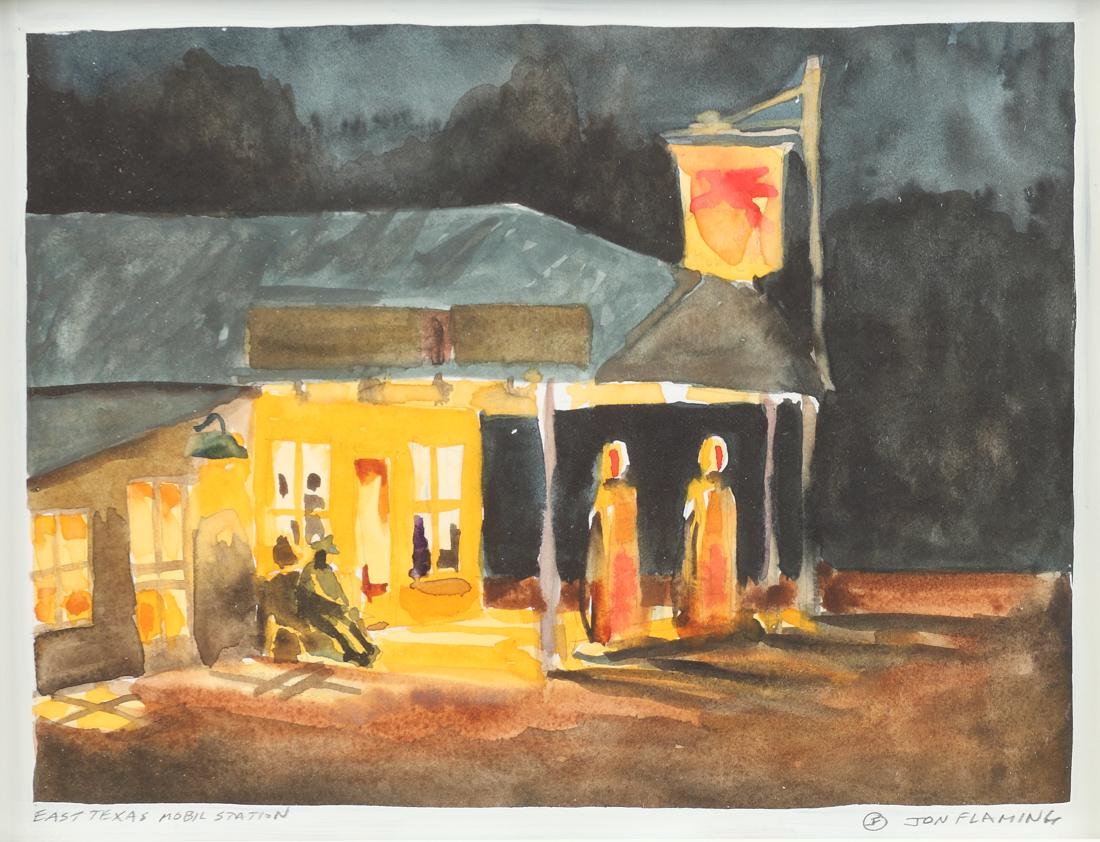 Jon Flaming (Am. 1962-), East Texas Mobil Station, c.: watercolor on paper, 8 x 10