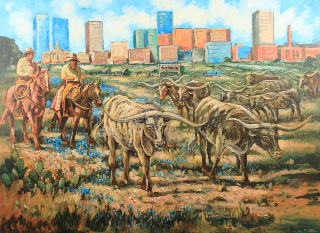Hardy Martin (Am. 20th Cent.), Bringing Longhorns: oil on board, 36 x 48, signed lower right: Hardy Martin