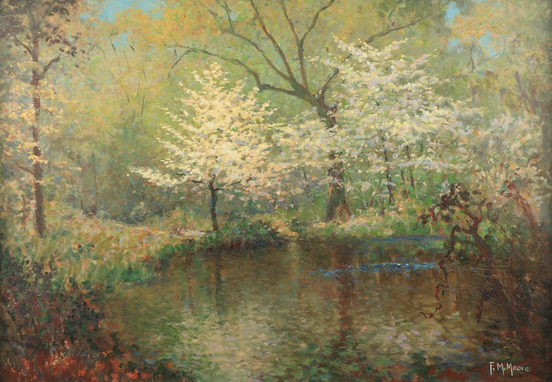 F.M. Moore (Am. 1877-1967), Woodland Pool in Spring,: oil on board, 24 x 34, signed lower right: F.M. Moore