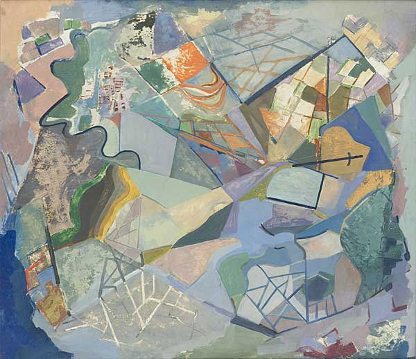 Cynthia Brants (Am. 1924-2006): Aerial Landscape, 1943 oil on masonite 27 1/2 x 31 1/2