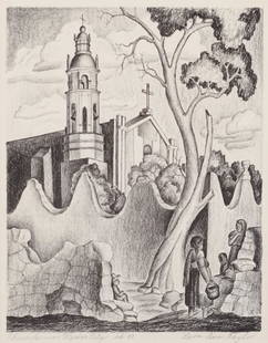 Lura Ann Taylor (Am. 1906-1990), Church Near Mexico,: Church Near Mexico, lithograph, 10 1/2 x 8, signed lower right: Laura Ann Taylor