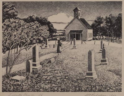 Horace Oakley Robertson (Am. 1886-1970), Liberty: Liberty Church, 1940, lithograph, 9 x 11 7/8, signed across bottom: Liberty Church 25, HO Robertson 1940,