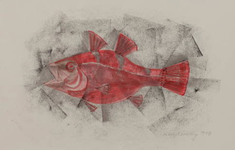 Kelly Fearing (Am. 1918-2011), Red Fish, 1948, graphite: Red Fish, 1948, graphite & Gouache on paper, 7 x 11, signed lower right: Kelly Fearing, 1948