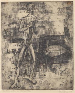 Kelly Fearing (Am. 1918-2011), Boy with a Kite in a: Boy with a Kite in a Secret Place, etching, 9 3/4 x 8, signed across bottom: Boy with a Kite in a Secret Place,