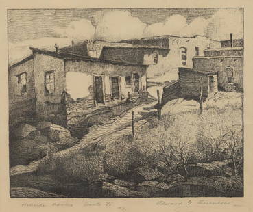 Edward Eisenlohr (Am. 1872-1961), Hillside Adobes,: Hillside Adobes, lithograph, 8 x 10, signed lower right: Edward G. Eisenlohr