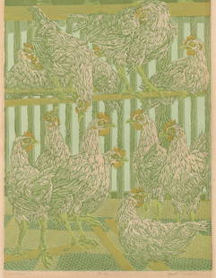 Janet Turner (Am. 1914-1988), Chickens, 1948, Ed. 50,: Chickens, 1948, Ed. 50, color block print, 12 x 9, signed across bottom: Chickens, Ed. 50, Janet Turner, This image by Turner was exhibited in the 10th Annual Texas Exhibition, 1948-1949; the 2nd