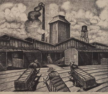 Merritt Mauzey (Am. 1898-1973), Cotton Compress, Ed.: Cotton Compress, Ed. 12/23, lithograph, 10 x 11 3/4, signed across bottom: Cotton Compress 12/23, Merritt Mauzye, This image is in the collection of the Dallas Museum of Art; Blanton Museum of Art;