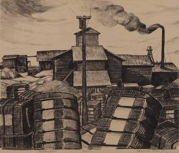 Merritt Mauzey (Am. 1898-1973), Cotton Gin, 12/25,: Cotton Gin, 12/25, lithograph, 10 x 11 3/4, signed across bottom: Cotton Gin, 12/25, Merritt Mauzey, This image is in the collections of the Dallas Museum of Art; National Gallery of Art and the Blant