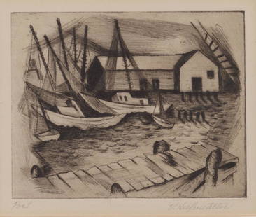 Veronica Helfensteller (Am. 1910-1964), Port, etching: Port, etching, 4 x 5, signed across bottom: Port, Veronica Helfensteller