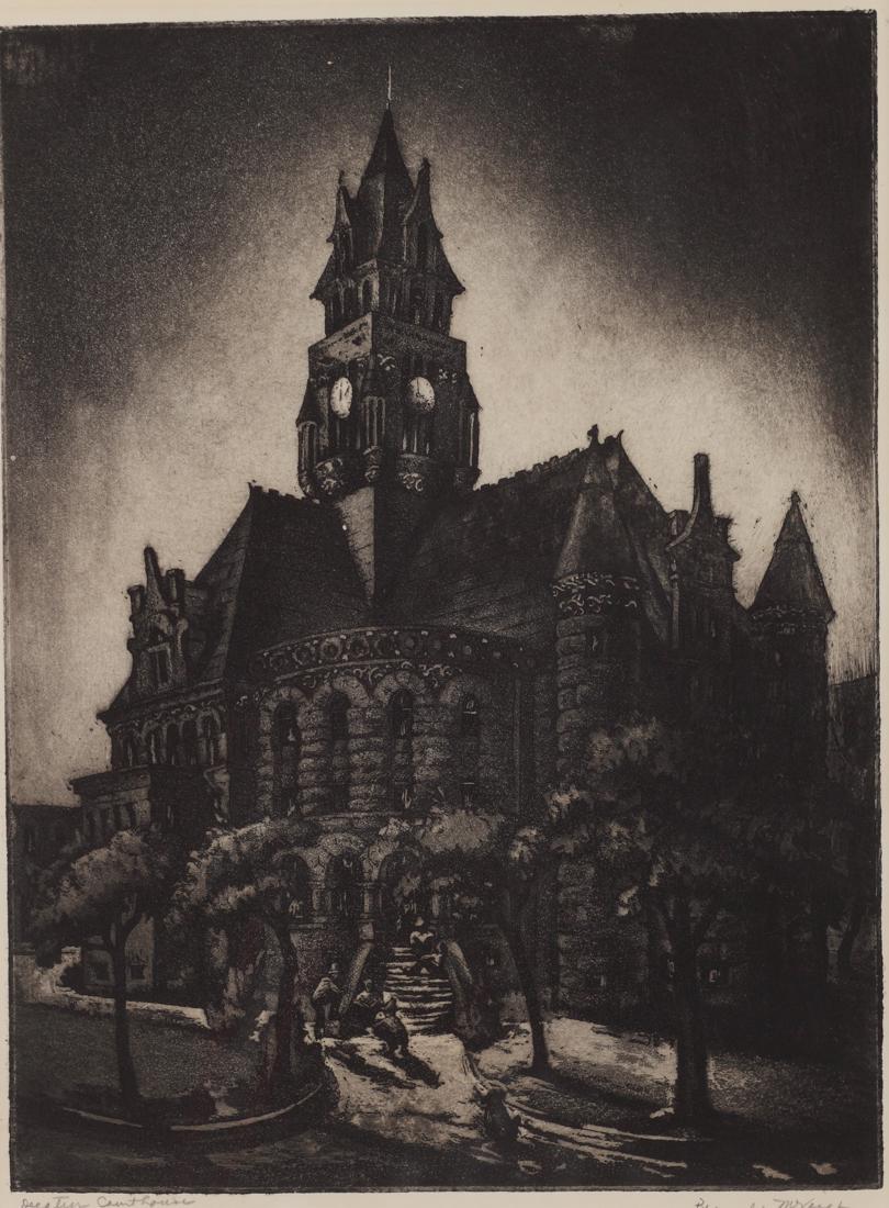 Blanche McVeigh (Am. 1895-1970), Decatur Courthouse,: Decatur Courthouse, aquatint, 12 x 8 3/4 , signed across bottom: Decatur Courthouse, This was Exhibited and the prize winning print at Exhibition: First Light; Local Art and the Fort Worth Public Libr