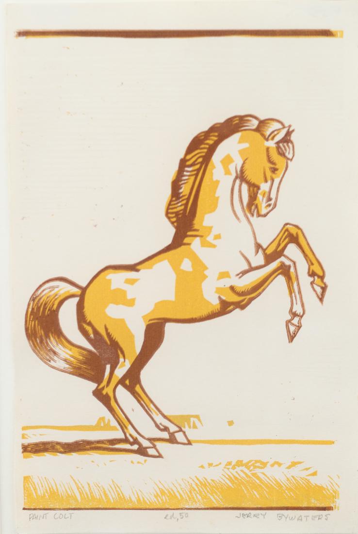 Jerry Bywaters (Am. 1906-1989), Paint Colt, Ed. 50,: Paint Colt, Ed. 50, linoleum block print, in two colors, 10 x 6 1/2 , signed across bottom: Paint Colt, Ed. 50, Jerry Bywaters