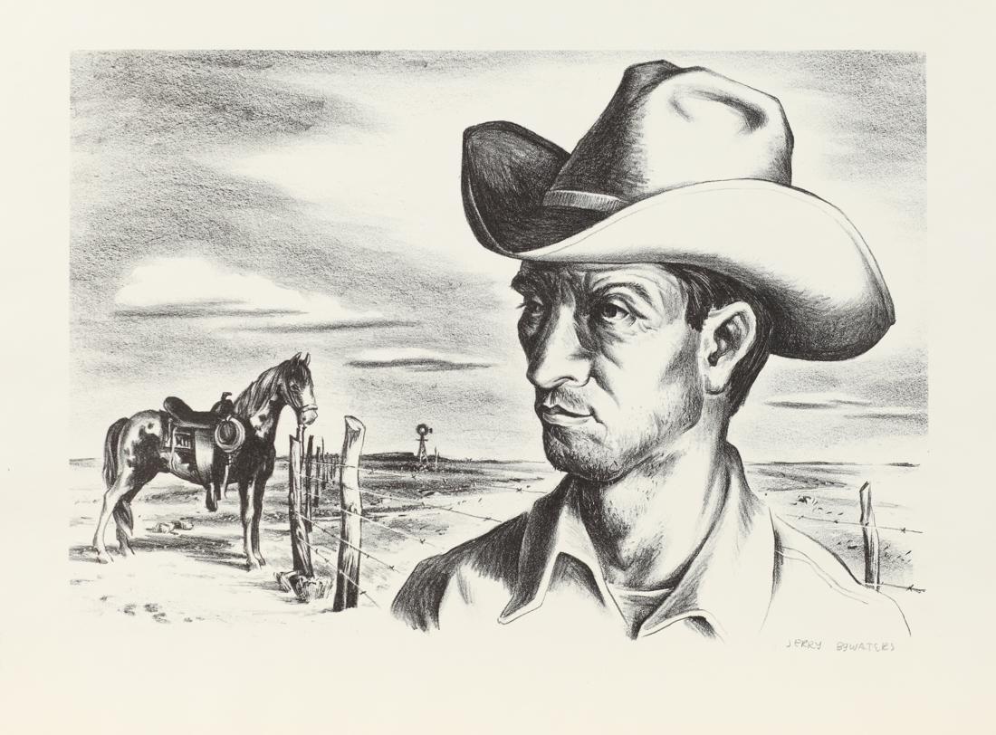 Jerry Bywaters (Am. 1906-1989), Ranch Hand and Pony,: Ranch Hand and Pony, lithograph, 9 13 1/4, signed lower right: Jerry Bywaters