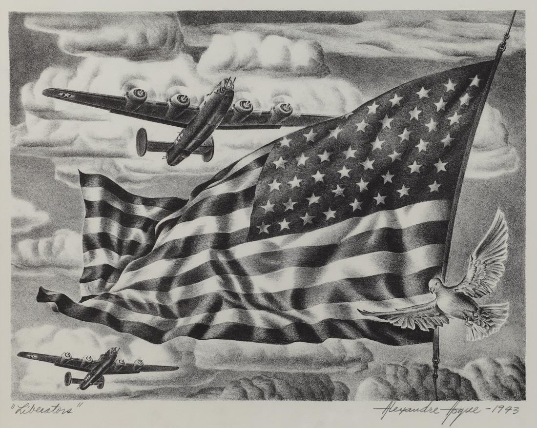 Alexandre Hogue (Am. 1898-1994), Liberators, 1943,: Liberators, 1943, lithograph, 11 1/2 x 15, signed across bottom: Liberators, Alexandre Hogue, 1943