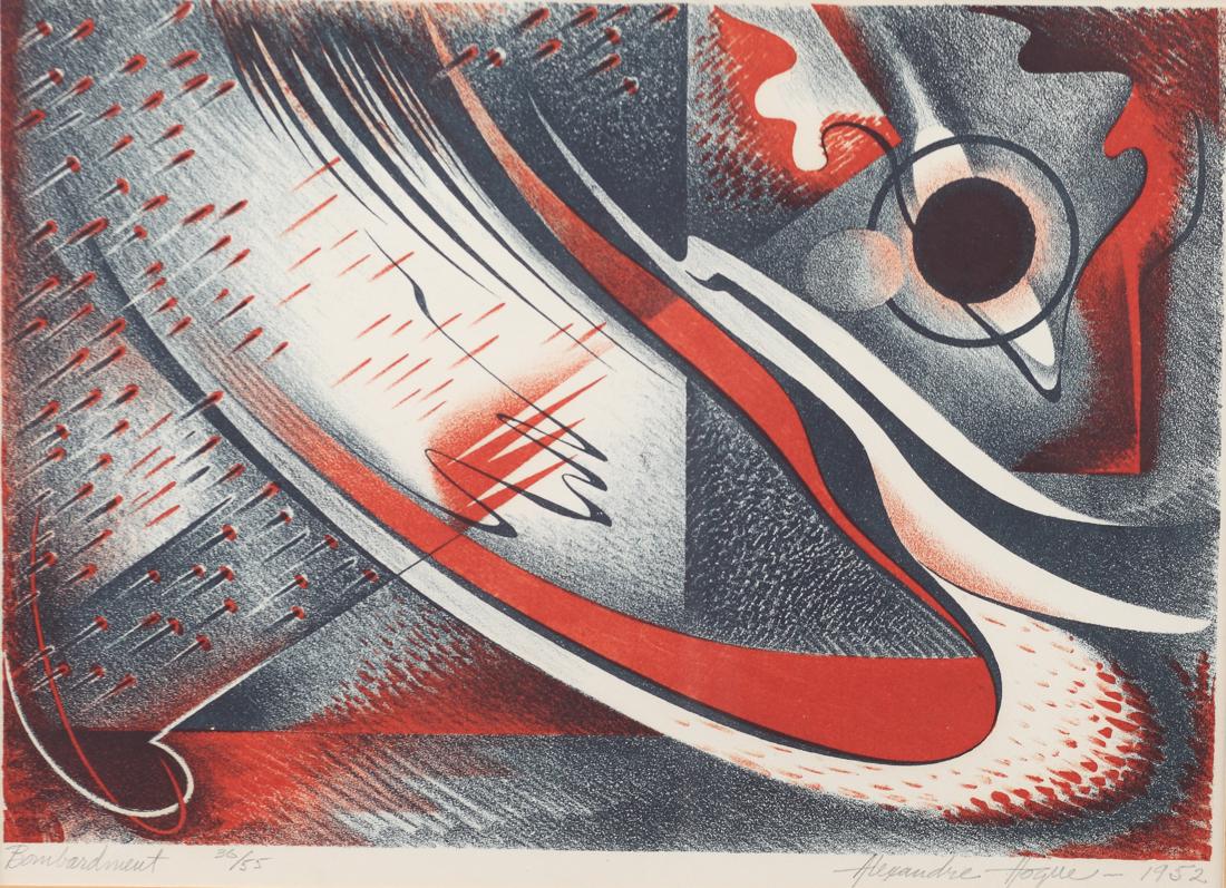 Alexandre Hogue (Am. 1898-1994), Bombardment, Ed. 36 of: Bombardment, Ed. 36 of 55, 1952, print, 9 x 13, signed across bottom: Bombardment 36/55, Alexandre Hogue, 1952