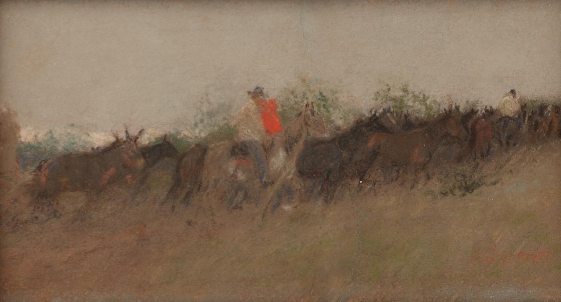 Louis Oscar Griffith (Am. 1875-1956), Indian Travelers: Indian Travelers in Texas, pastel on paper , 4 1/2 x 8 1/2, singed lower right: L.O. Griffith, Exhibited: Palette & Chisel Club, Athenium Building, Chicago, IL. "This was likely painted during the 190