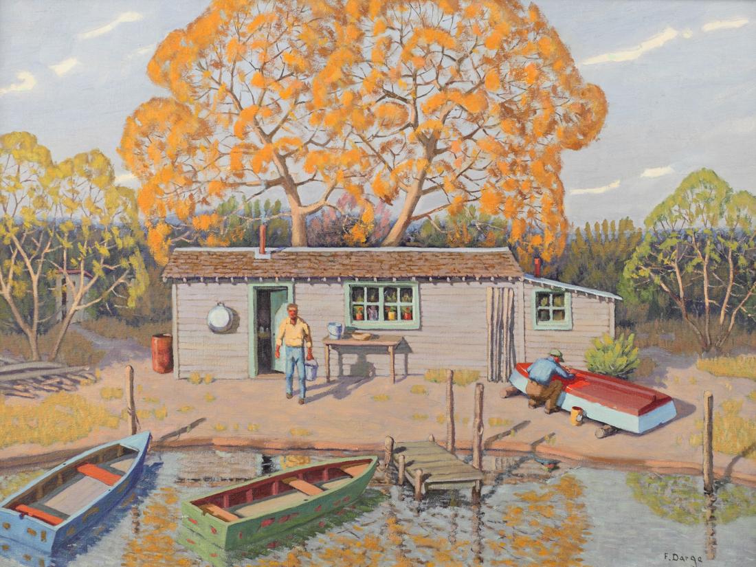 Fred Darge (Am. 1900-1979), Boat Rental, White Rock: Boat Rental, White Rock Lake, oil on canvasboard, 18 x 24, signed lower right: F Darge