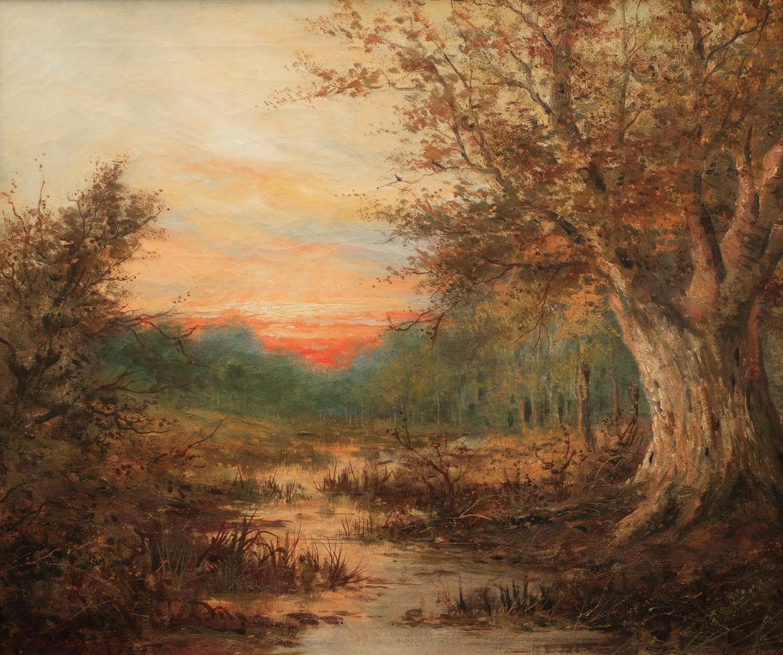 Robert Jenkins Onderdonk (Am. 1852-1917), Sunset: Sunset Through the Trees, oil on canvas , 20 x 24, sgined lower left: RJ Onderdonk