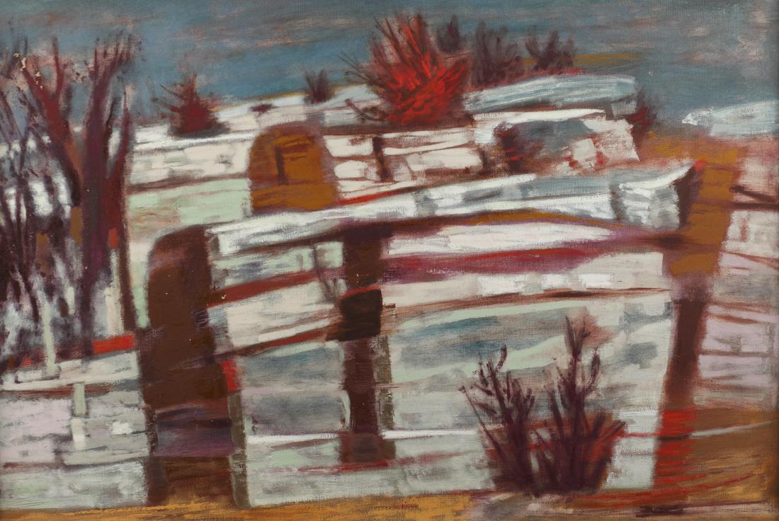 William Lester (Am. 1901-1991), Chalk Bluff, 1961, oil: Chalk Bluff, 1961, oil on linen canvas , 30 x 44, signed on reverse: 1961, II, Chalk Bluff, -Source: Midcentury Modern Art In Texas, by: Katie Robinson Edwards (c) 2014 Univ. of Texas Press