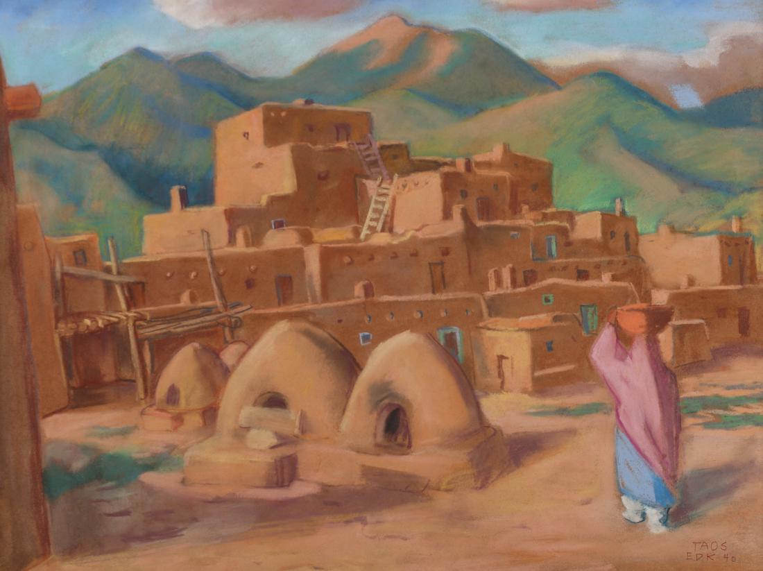 Edmund Daniel Kinzinger (Am. 1888-1963), Taos Pueblo,: Taos Pueblo, 1940, pastel on paper, 18 1/2 x 24, signed lower right: Taos, EDK 40
