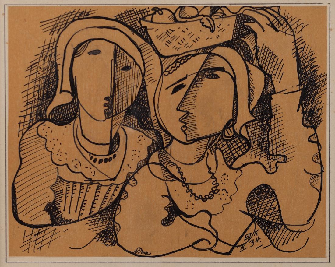 Edmund Daniel Kinzinger (Am. 1888-1963), Portrait of: Portrait of Two Women, 1934, pink and ink on paper, 8 1/2 x 10 3/4, signed lower right: EDK 34