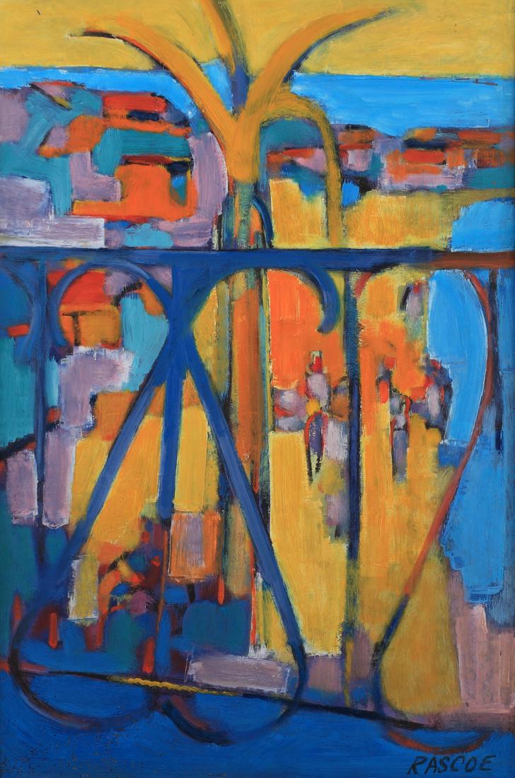 Stephen Rascoe (Am. 1924-2008), Village Balcony View,: Village Balcony View, 1969 (BR61, oil on masonite, 36 x 24, signed lower right: Rascoe