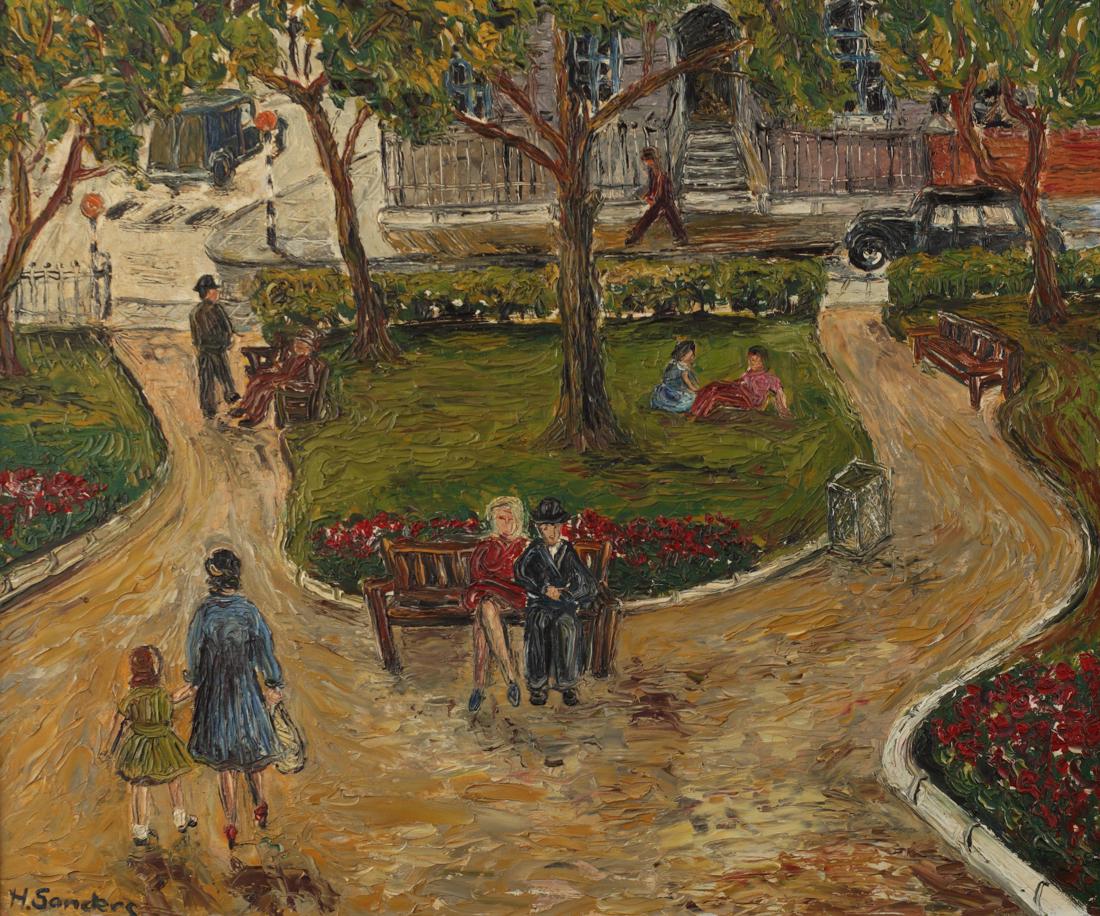 Hedwyn Sanders (Am. 1885-1971), Park Scene, oil on: Park Scene, oil on board, 20 x 24, signed lower left: H. Sanders