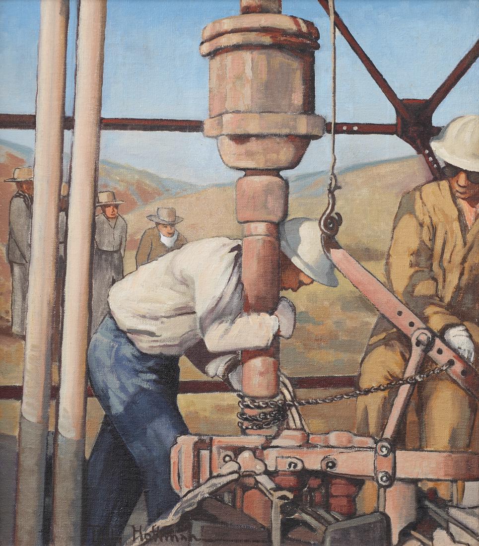 Polly Hoffman (Am. 1890-1949), Oil Rig Workers, oil on: Oil Rig Workers, oil on canvasboard, 18 x 16, signed lower left: Polly Hoffman