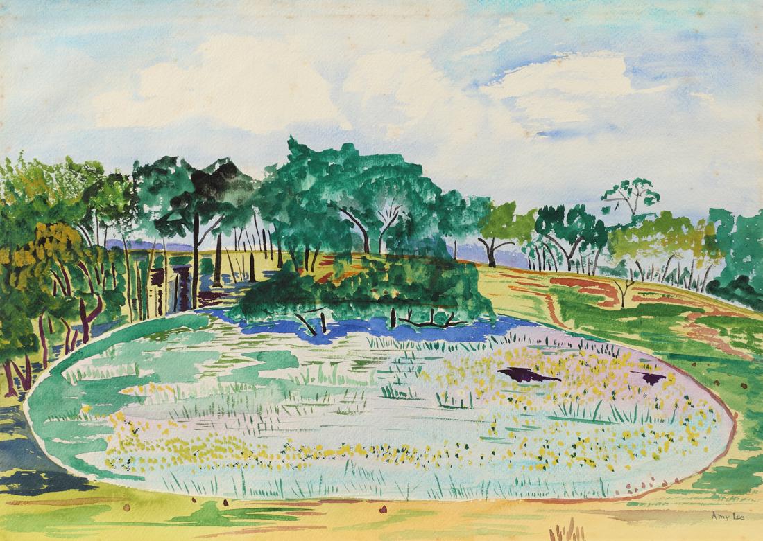 Amy Freemn Lee (Am. 1914-2004), Landscape with Pond,: Landscape with Pond, watercolor on paper, 15 x 21, signed lower right: Amy Lee