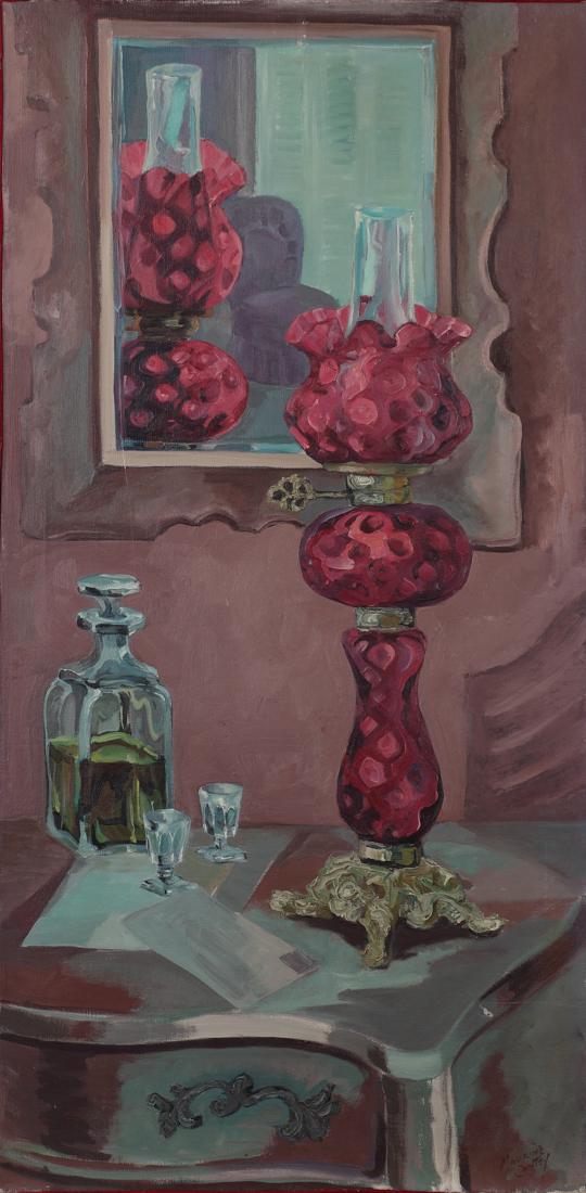 Maurine Cantey (Am. 1901-1982), Cranberry Lamp, 1952,: Cranberry Lamp, 1952, oil on canvas, 20 x 24, signed lower right: Maurine Cantey