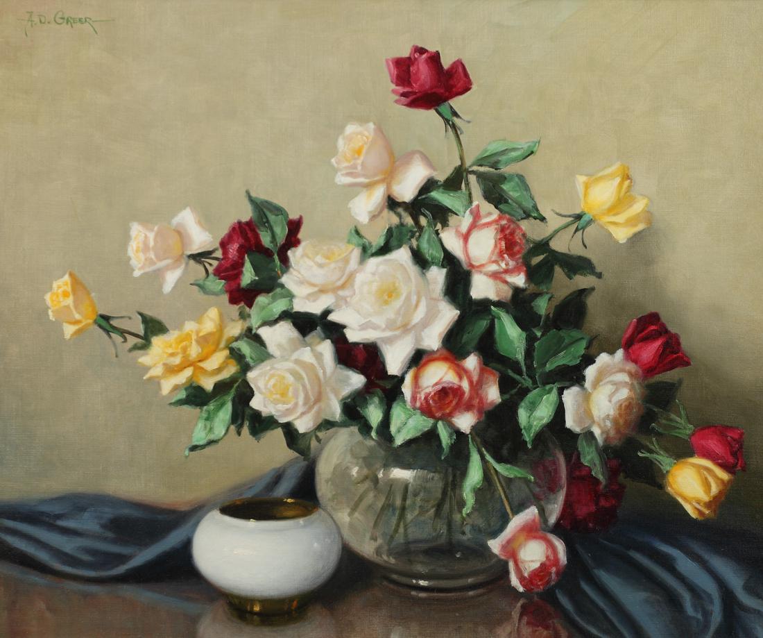 Aubrey Dale Greer (Am. 1904-1998), Rose Still Life, oil: Rose Still Life, oil on canvas, 25 x 30, signed lower left: A.D. Greer