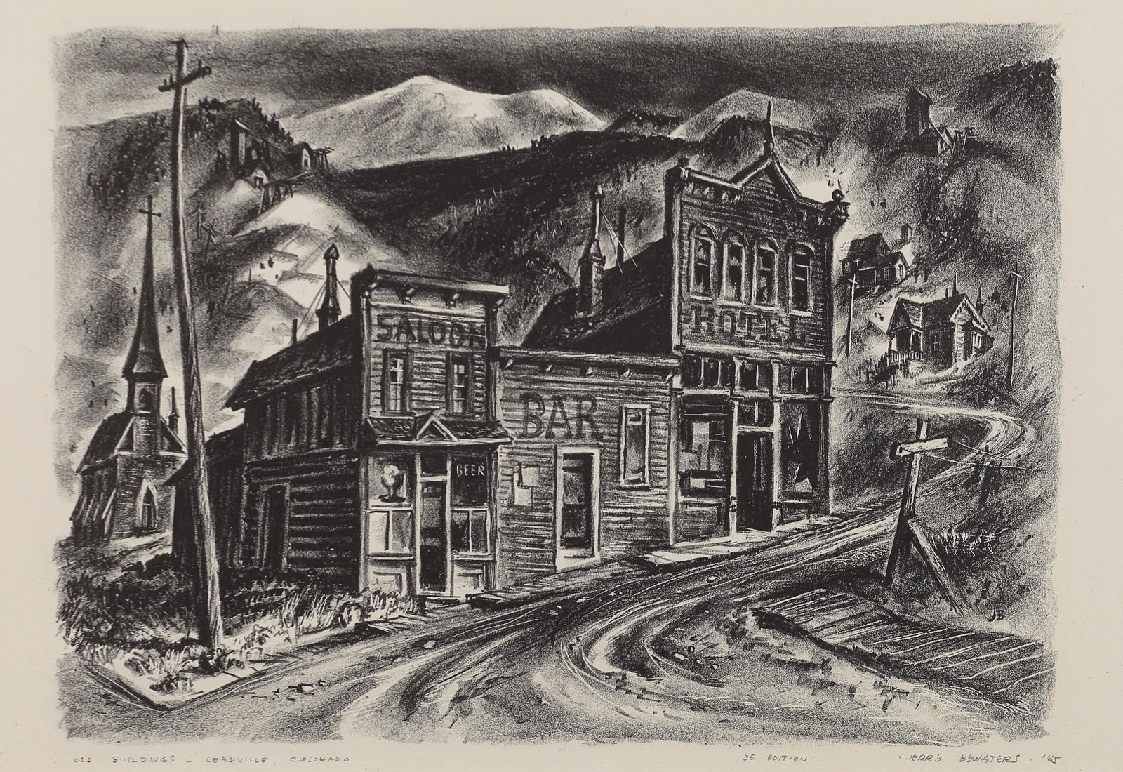 Jerry Bywaters (Am. 1906-1989), Old Building at: Old Building at Leadville, Colorado, ed. of 35, 1945, lithograph, 10 x 14, signed across bottom: Old Buildings - Leadville, Colorado, 35 Edition, Jerry Bywaters '45