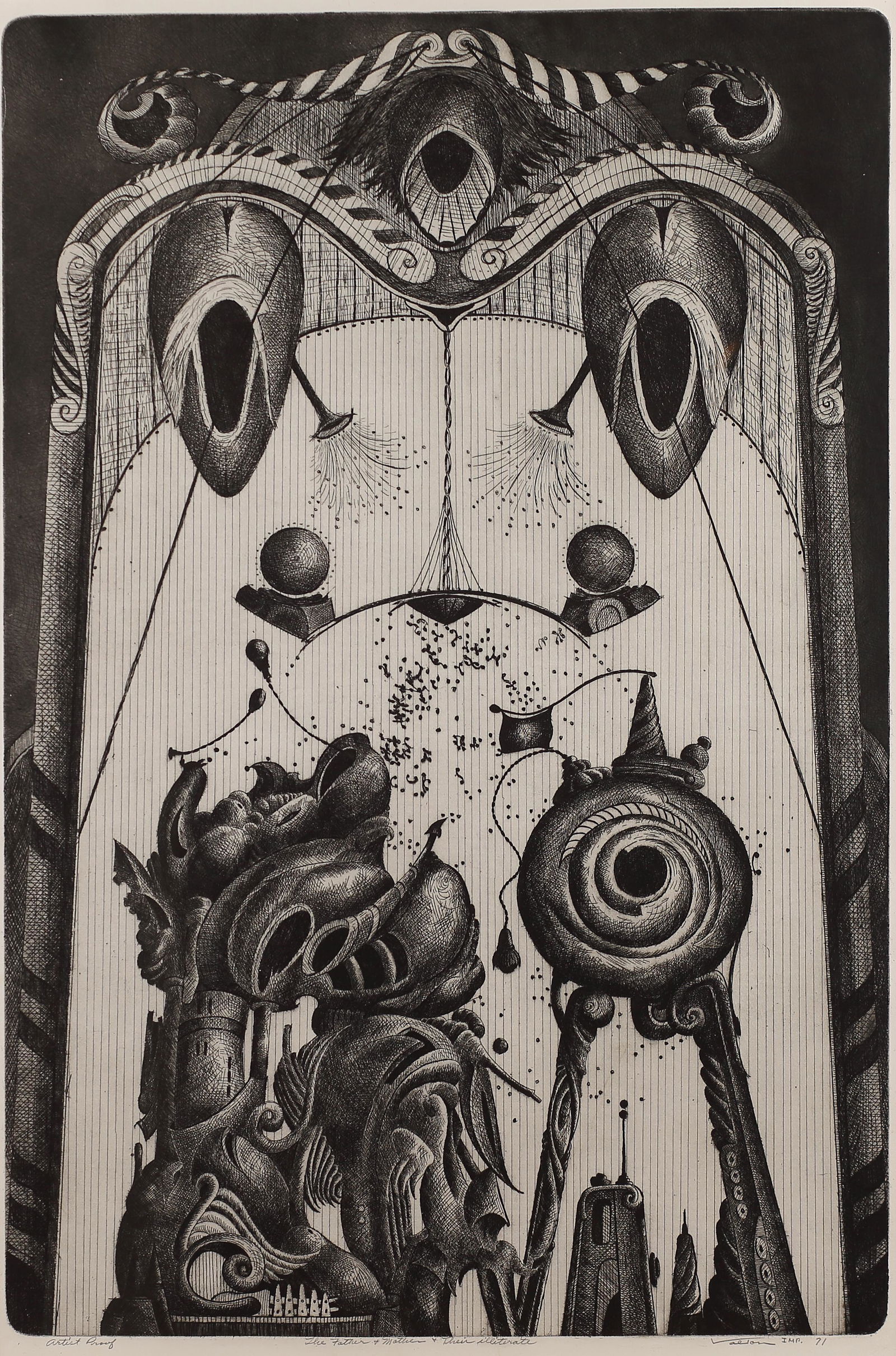 Valton Tyler (Am. 1944-2017), The Father + Mother +: The Father + Mother + Their Illiterate Child, 1971, aquatint and line etching on paper, 35 3/4 x 23 3/4, signed across bottom: Artist Proof, The Father + Mother + Their Illiterate, Valton, Imp. 71