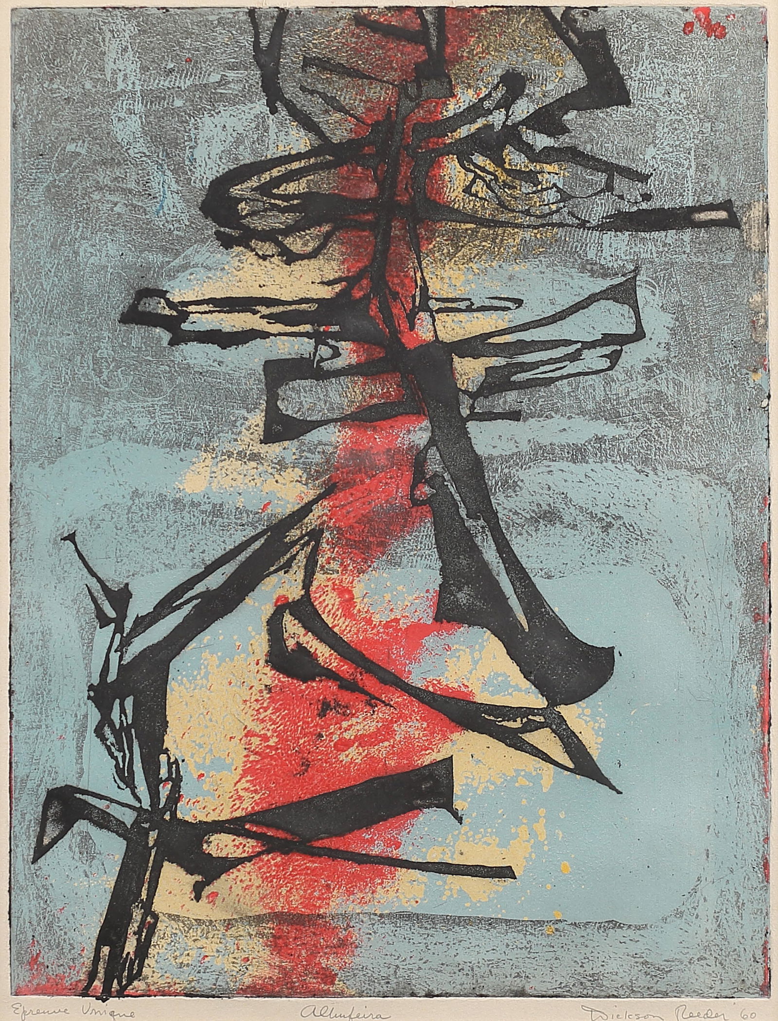 Dickson Reeder (Am. 1912-1970), Allmfeira, Extreme: Allmfeira, Extreme Unique, 1960, echting with color, 17 1/2 x 13 1/3, signed across bottom: Extreme Unique, Allmferia, Dickson Reeder 60
