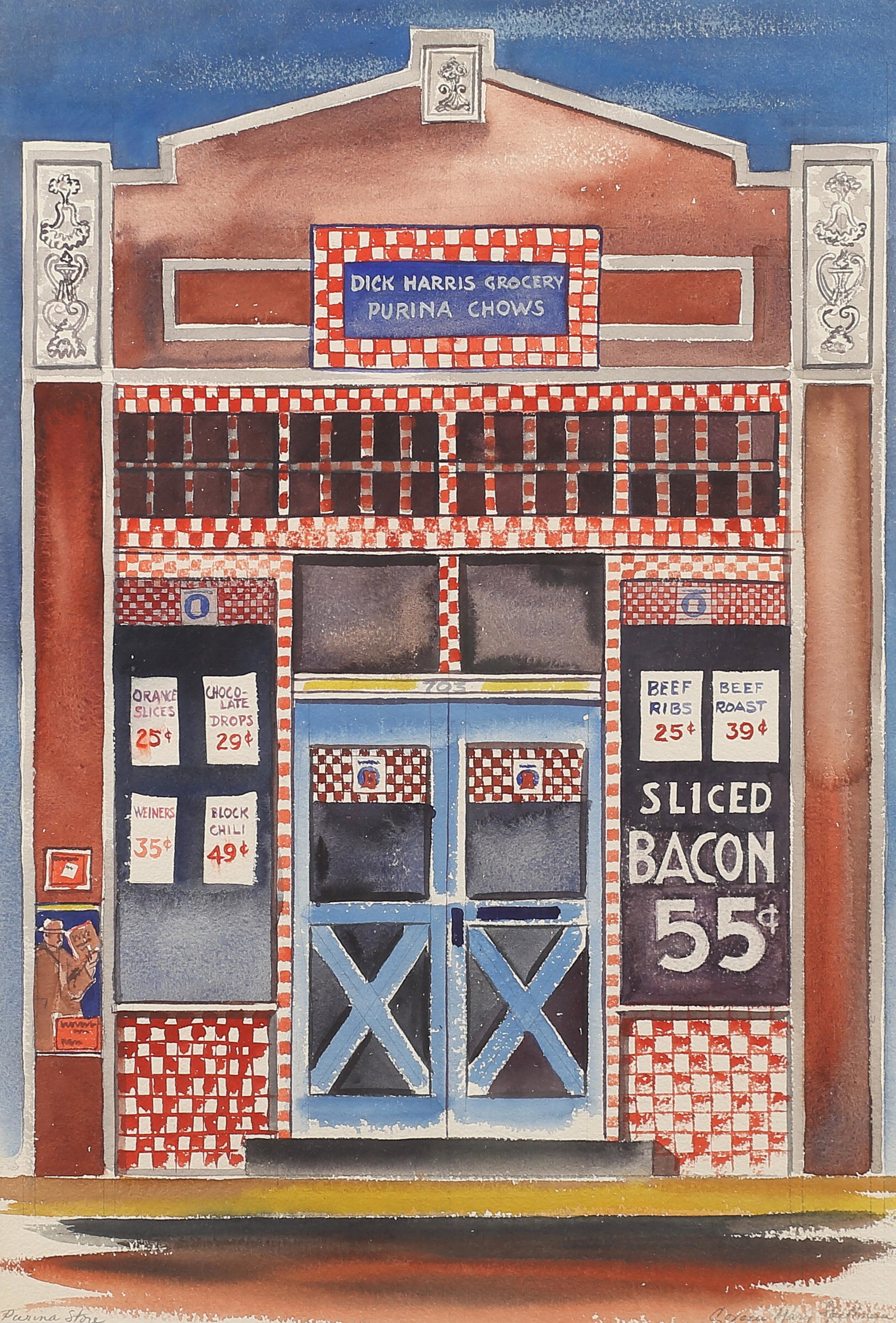 Coreen Mary Spellman (Am. 1905-1978), Purina Store,: Purina Store, watercolor on paper, 22 x 16, signed lower right: Coreen Mary Spellman, Lots: 113-167 Selections from the Linda and William Reaves Collection of Texas Art.
