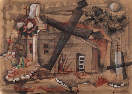 Veronica Helfensteller (Am. 1910-1964), Church at: Church at Terlingua, c. 1949, mixed media on paper, 10 1/2 x 14 3/4, signed lower right: Helfensteller, Lots: 113-167 Selections from the Linda and William Reaves Collection of Texas Art.