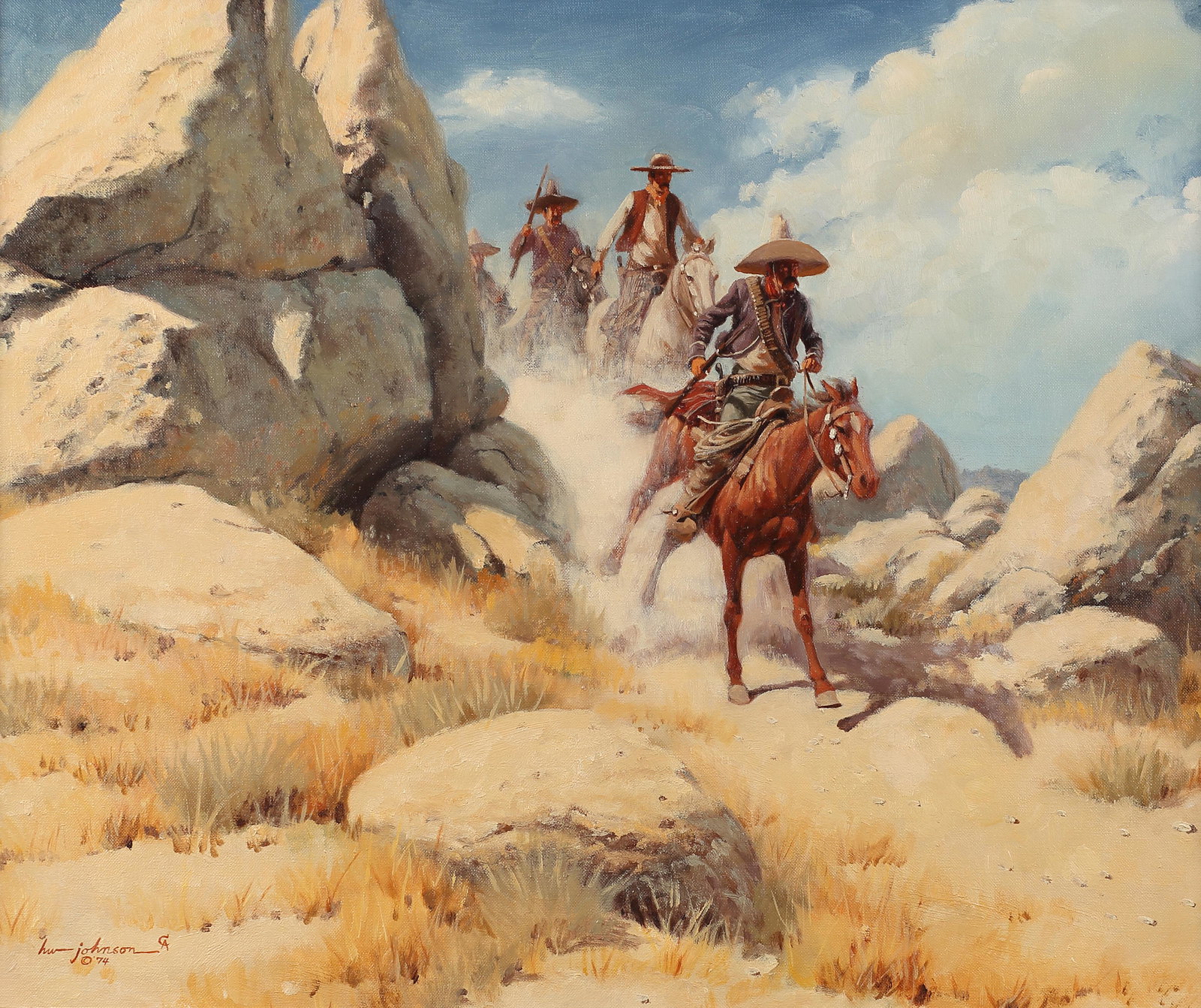 Harvey Johnson (Am. 1921-2005), Border Riders, 1974,: Border Riders, 1974, oil on canvasboard, 20 x 24, signed lower left: H.W. Johnson, CA © 74, Selection from the Western Art Collection of William Moore Noble, Sr.